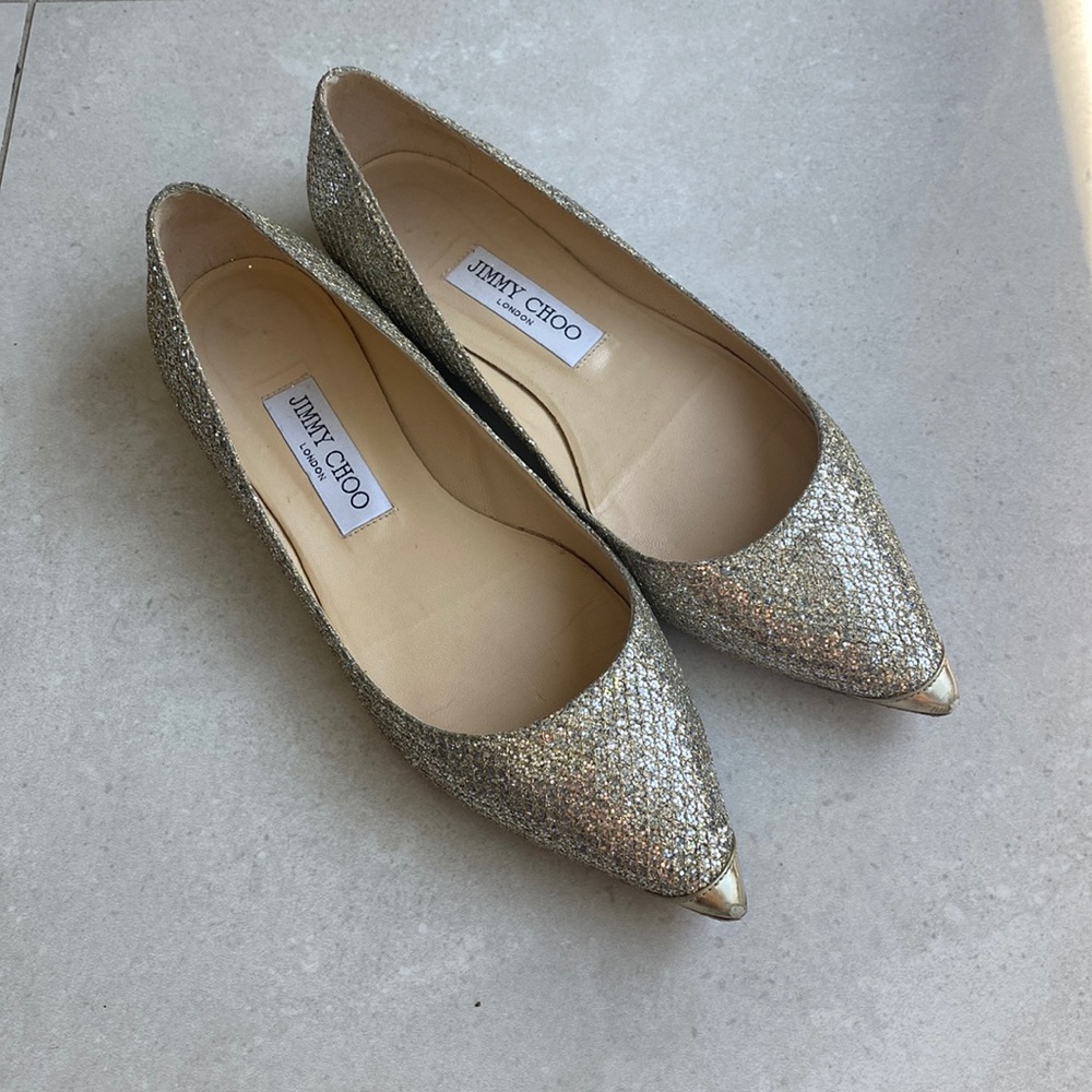 Jimmy Choo Classic Champagne Glitter Fabric Flat 37.5